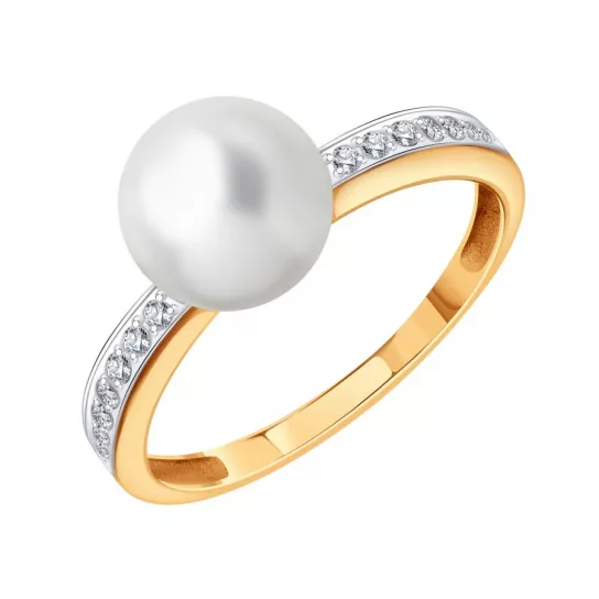 Золотое кольцо 585, женское, с бриллиантом и жемчугом, размер 17