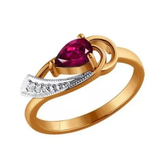 Золотое кольцо 585, женское, с бриллиантом и рубином, размер 18