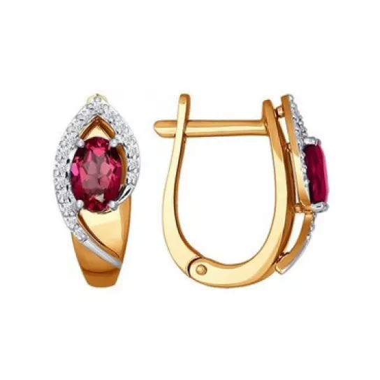 Золотые серьги 585, женские, с бриллиантом и рубином