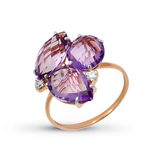 Золотое кольцо 585, женское, с аметистом и фианитом, размер 18