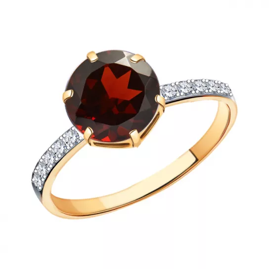 Золотое кольцо 585, женское, с гранатом и фианитом, размер 19