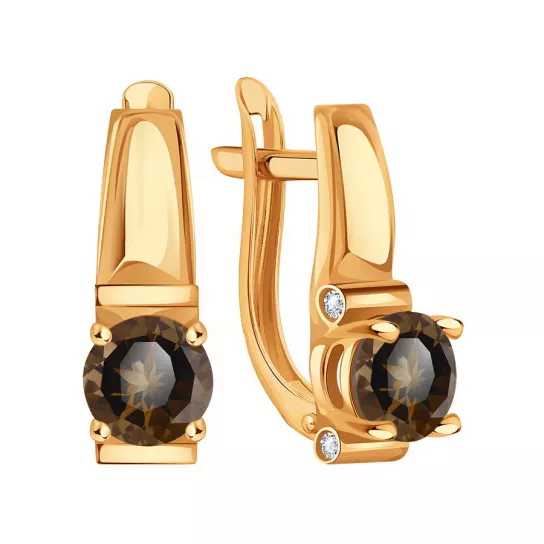 Золотые серьги 585, женские, с фианитом и раухтопазом