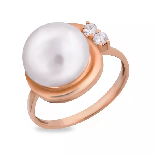 Золотое кольцо 585, женское, с жемчугом и фианитом, размер 18