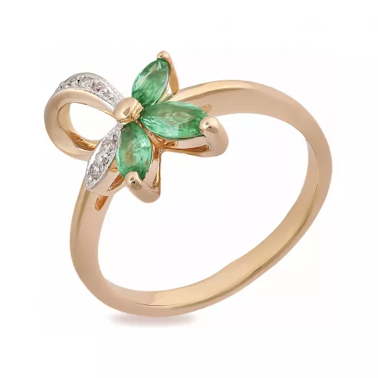 Золотое кольцо 585, женское, с бриллиантом и изумрудом, размер 16